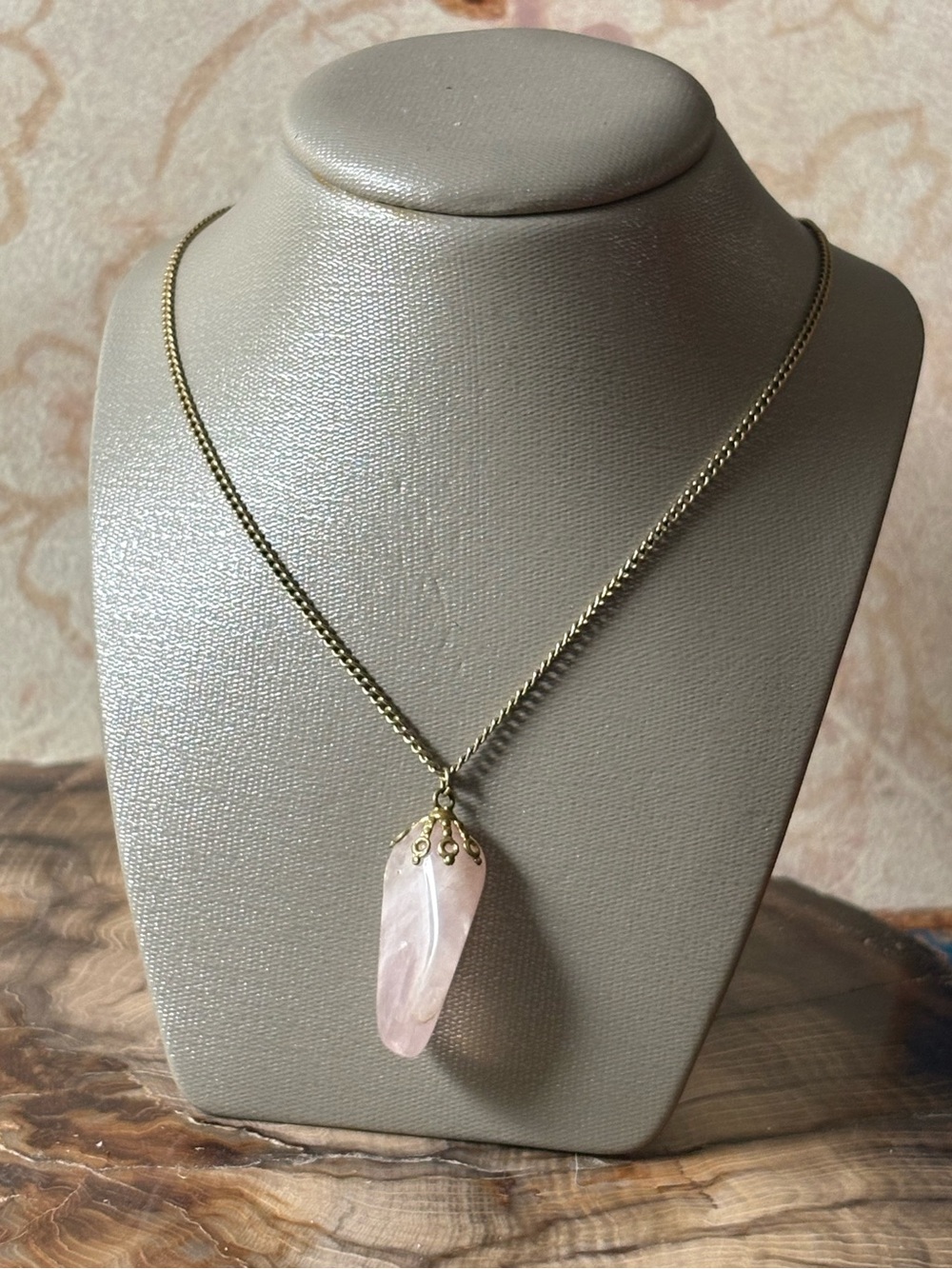 Pink Rose Quartz Pendant with Gold Chain Necklace